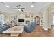 Open-concept living room with a fireplace, built-in shelving, and comfortable seating at 1012 Everest St, Clermont, FL 34711