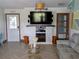 Living room with fireplace, large TV, and herringbone floors at 124 Hollyhock Ct, Kissimmee, FL 34743