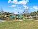 Community playground featuring slides, shade canopies, picnic tables and a lush green space at 16521 Prairie School Dr, Winter Garden, FL 34787