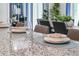 Kitchen island with granite countertop, wine glasses, and plates at 3547 Sandalwood Isle Way, Ocoee, FL 34761