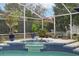 Screened in pool featuring a fountain, outdoor seating, tile accents, and lush landscaping at 7943 Snowberry Cir, Orlando, FL 32819