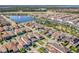 Stunning aerial shot showcasing a community with a lake, fountain, clubhouse, and various housing options at 10231 Beechwood Ln, Orlando, FL 32832