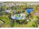 Aerial view of a community pool surrounded by lush landscaping and palm trees by a lake at 3773 Moon Dancer Pl, St Cloud, FL 34772