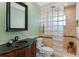 Bathroom with a unique glass block shower, ornate vanity, and black fixtures at 1971 Urbana Ave, Deltona, FL 32725