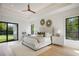 Serene main bedroom featuring natural light, a modern ceiling fan, and an ensuite bathroom with a glass-enclosed shower at 2412 Chantilly Ave, Winter Park, FL 32789