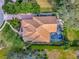 Rooftop shot showcases backyard pool area, with a lush green lawn and manicured landscaping at 8585 Cypress Ridge Ct, Sanford, FL 32771