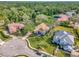 Expansive aerial view of a luxury home with a tile roof, lush landscaping, and circular driveway in a well manicured neighborhood at 8585 Cypress Ridge Ct, Sanford, FL 32771