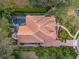 An aerial shot of a well-manicured property with a pristine pool, lush landscaping, and a meticulously maintained roof at 8585 Cypress Ridge Ct, Sanford, FL 32771