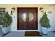 Elegant double front doors framed by potted plants and decorative sconces at 441 Spoonbill Ct, Kenansville, FL 34739