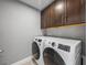 Convenient laundry room with overhead cabinets and modern, front-load washer and dryer units at 613 Bloom Ter, Davenport, FL 33837