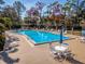 Community pool with lounge chairs and umbrella-shaded tables for relaxing at 1150 Carmel Cir # 503, Casselberry, FL 32707