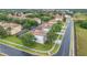 Overhead view of a residential neighborhood featuring homes with tile roofs and well-maintained lawns at 2621 Archfeld Blvd, Kissimmee, FL 34747