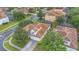 Aerial view of a home with a tile roof and screened in patio in a beautiful residential neighborhood at 2621 Archfeld Blvd, Kissimmee, FL 34747