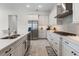 Open kitchen with stainless steel appliances, white cabinets, and a tile backsplash at 8456 Norwich Way, Mount Dora, FL 32757