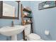 A stylish bathroom features blue walls, a decorative ladder shelf, and a sink at 795 Sterling Chase Dr, Port Orange, FL 32128