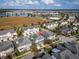 Aerial view of the townhomes, showcasing community layout with a lake and nearby shopping at 8163 Upper Perse Cir, Orlando, FL 32827