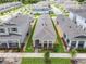 An aerial view of single story home with covered entry, surrounded by similar homes, manicured lawns and neighborhood sidewalks at 652 Kimber Ln, Debary, FL 32713