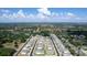 An aerial view of the neighborhood, featuring houses, roads, trees, and a partly cloudy sky at 10055 Brocksport Cir, Gotha, FL 34734