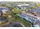 Aerial view of townhomes with lakefront property and well-manicured lawns at 2207 Island Walk Dr, Orlando, FL 32824