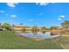 View of a tranquil pond surrounded by greenery and bordered by a neighborhood wall at 2207 Island Walk Dr, Orlando, FL 32824