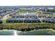 An aerial view of townhomes overlooking a serene pond with fountain feature in a meticulously landscaped community at 360 Arbor Lakes Dr, Davenport, FL 33896