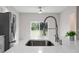 Close-up of the kitchen sink and countertop, stainless steel appliances, and a view of the backyard at 855 S Hancock Dr, Deltona, FL 32725