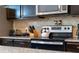 Close up of a kitchen counter featuring a stainless steel range and diamond pattern backsplash at 8920 Rhodes St, Kissimmee, FL 34747