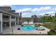 An elevated view of a beautiful pool and spa and surrounding landscaped yard behind a brick mansion at 1501 Lake Markham Rd, Sanford, FL 32771