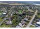 Aerial view of a residential neighborhood with tree coverage and a pond behind the house at 1300 Conrad Dr, New Smyrna Beach, FL 32168