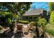Cozy brick patio with outdoor seating, surrounded by tropical plants, with a view of the screened-in lanai at 5016 Fawn Ridge Rd, Orlando, FL 32819
