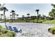 The community sand volleyball court, ready for play, is decorated with palm trees and surrounded by landscaped grounds at 10025 Dulbecco St, Orlando, FL 32827