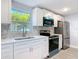 A beautifully updated kitchen featuring stainless steel appliances, subway tile backsplash, and bright white cabinets at 1125 E Hubbard Ave, Deland, FL 32724