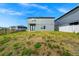 Backyard with a gentle slope, gray home exterior, and black framed doors at 2222 Derwent Dr, Davenport, FL 33896