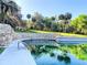 Beautiful pool with a stone wall, surrounded by palm trees and lush green lawn, creating a tropical oasis at 229 Springside Rd, Longwood, FL 32779