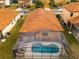 Aerial view of backyard with screened-in pool and tile roof at 2610 Rosemont Cir, Davenport, FL 33837