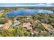 Aerial view of a home with a screened pool, set amongst mature trees near a scenic lake at 1502 Hempel Ave, Windermere, FL 34786