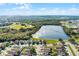 Aerial view of a beautiful neighborhood with a lake and tree lined streets under a blue sky at 259 Southbridge Cir, Kissimmee, FL 34744