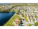 An aerial view of a neighborhood with a lake and tree lined streets with waterfront properties at 259 Southbridge Cir, Kissimmee, FL 34744