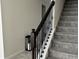 Carpeted staircase with decorative iron spindles and dark wood handrail at 2369 Palm Park Loop, Clermont, FL 34714