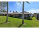 Scenic backyard featuring lush green lawn, palm trees, and a view of neighboring homes and landscaping at 8011 Saint James Way, Mount Dora, FL 32757