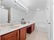 Bathroom featuring double sink vanity with wooden cabinetry, a soaking tub, and great natural light at 1218 Falling Star Ln, Orlando, FL 32828