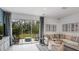 Bright living room with a beige sectional, patterned pillows, decorative art, and sliding doors to the patio at 175 River Front Way, Edgewater, FL 32141