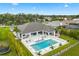 Elevated shot of modern house with a spacious backyard including a pool and patio area at 3845 S Stillwood Ln, Lake Mary, FL 32746