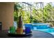 Stylish outdoor pool area featuring a cocktail shaker and colorful glasses at 7736 Brofield Ave, Windermere, FL 34786