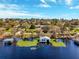 Aerial view of lake home with boat lifts at 12104 Lakeshore Dr, Clermont, FL 34711