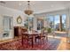 Dining room with wood table, elegant rug, and lake views at 12104 Lakeshore Dr, Clermont, FL 34711