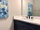 Clean bathroom with a modern vanity, undermount sink, black faucet, and stylish blue wall art at 15209 Lake Lamonia St, Winter Garden, FL 34787