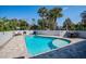 Beautiful in-ground pool with brick surround, white brick wall, and palm trees on a sunny day at 1591 Chippewa Trl, Maitland, FL 32751