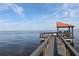 Dock on the water with a covered seating area and flag, a relaxing spot to enjoy the scenery at 201 Clusterwood Dr, Yalaha, FL 34797