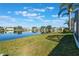 A serene lake view from the backyard, framed by lush grass and mature palm trees at 5795 Parkview Lake Dr, Orlando, FL 32821